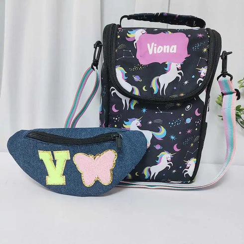 Personalised Printed Lunch Bag with Denim Waist Pouch Combo for Kids